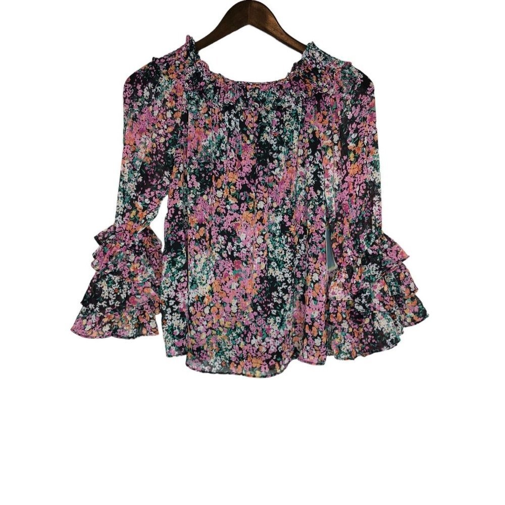 CeCe NWT Floral Ruffle Sleeve‎ Smocked Off the Shoulder Blouse Size XS
